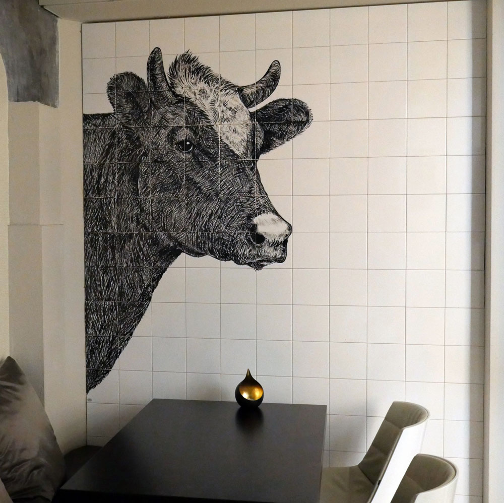 kitchen backsplash tile panel with cow