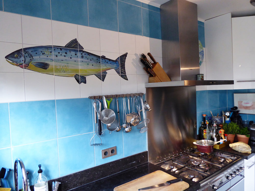 kitchen backsplash tile panel with fish