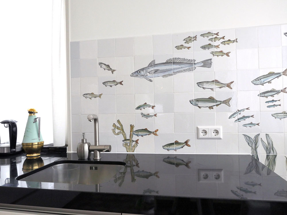 kitchen backsplash tile panel with fish