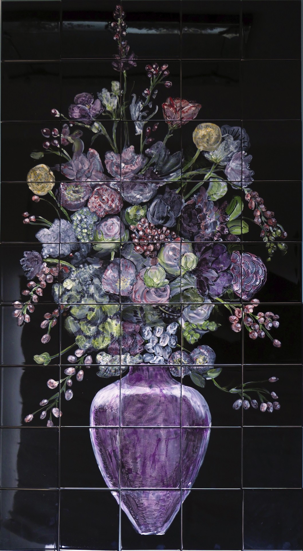 Flawless flowers on black tile panel